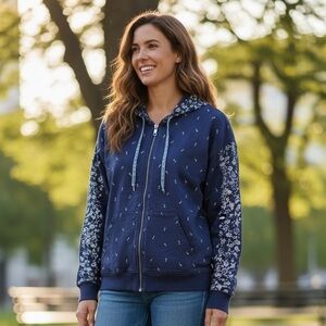 Lucky Brand Navy Floral-Lined Zip Hoodie